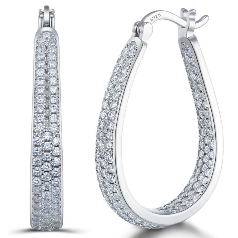 14K White Gold Sterling Silver with White Diamond Cubic Zirconia Hoop Earrings